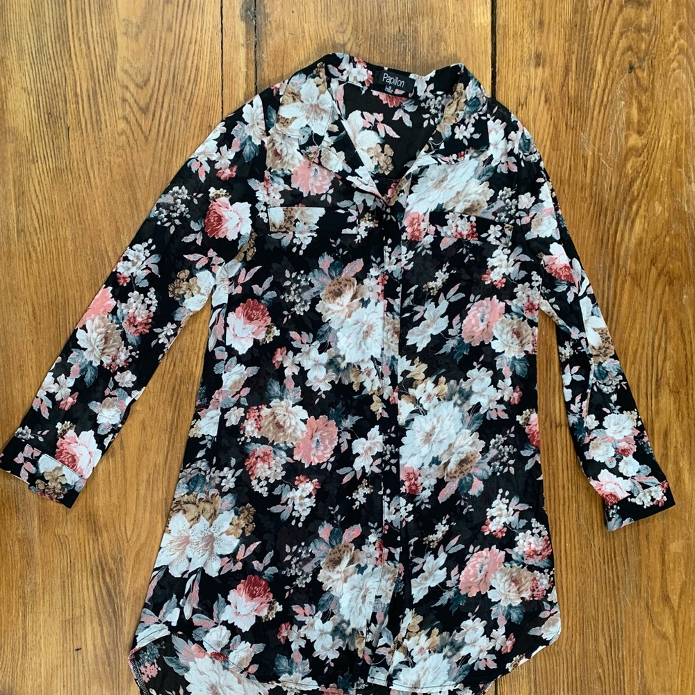 Long sheer floral button down top